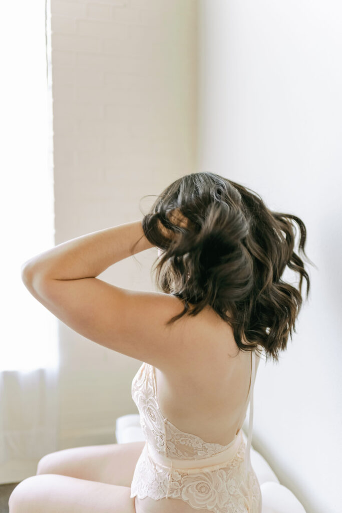 Alpharetta Georgia Natural Light Bridal Boudoir Photographer in lace bodysuit