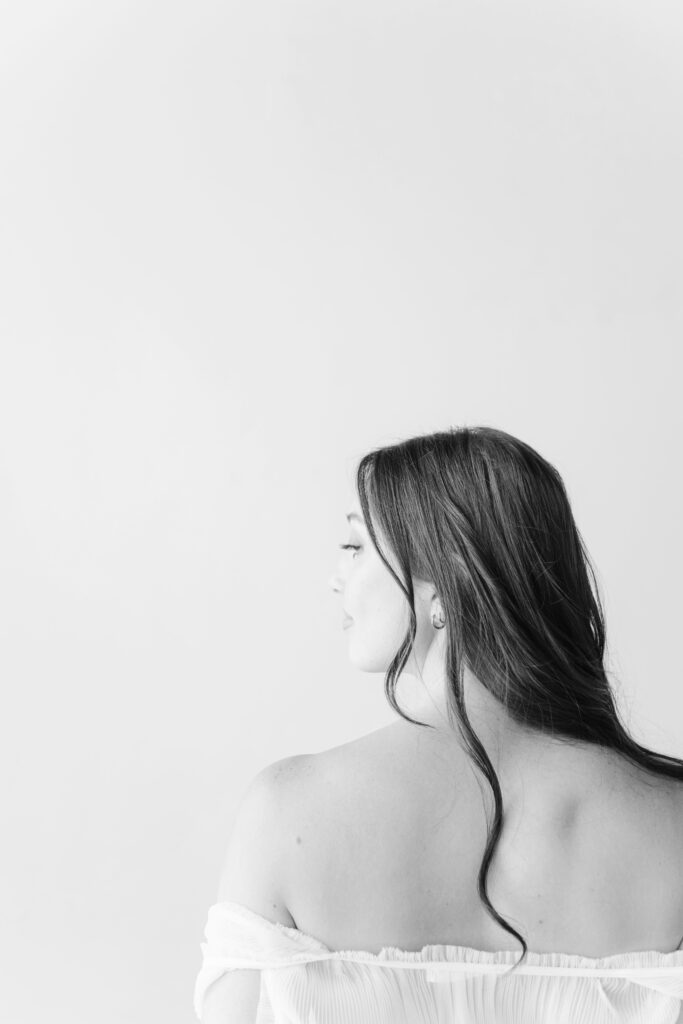 Luxury boudoir photography in Roswell GA featuring bride in black and white image